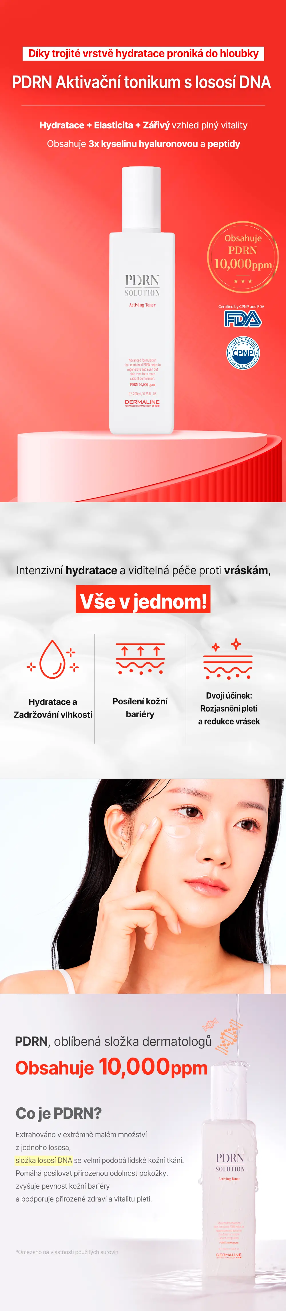 PDRN Aktivační tonikum s lososí DNA – lahvička na červeném pozadí s odznaky